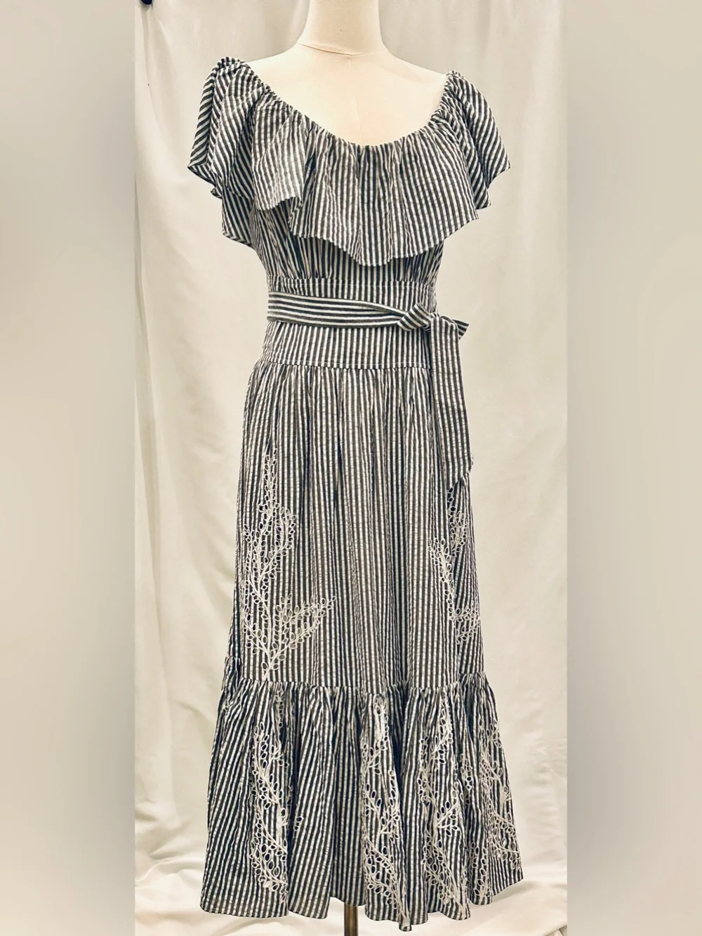 Tory Burch Gray & White Embroidered Cotton Midi Dress NWOT